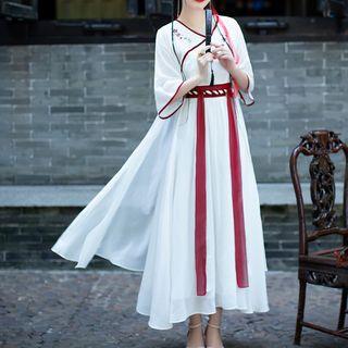 Set: Open-front Long Jacket + Embroidered Sleeveless Midi A-line Dress