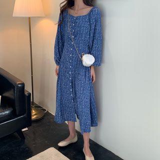 Long-sleeve Square-neck Midi A-line Dress Blue - One Size