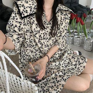 Elbow-sleeve Floral Shirt Dress Dress - Floral - Black & White - One Size