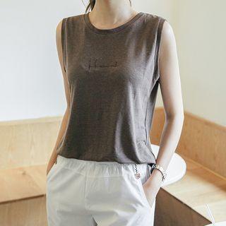 Letter-embroidered Sleeveless Linen T-shirt