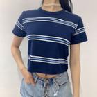 Short-sleeve Striped Cropped T-shirt Navy Blue - One Size