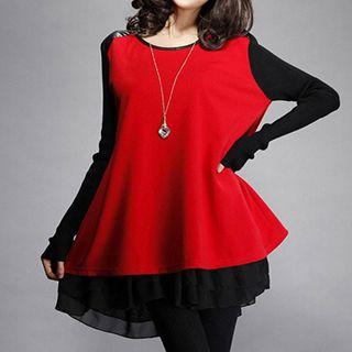 Faux Leather Panel Long Sleeve Dress