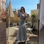 Gingham Set: Puff-sleeve Crop Top + Maxi Mermaid Skirt Black - One Size