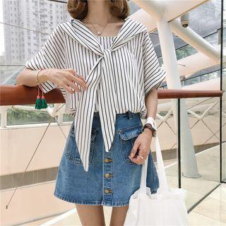 Tie-front Striepd Blouse