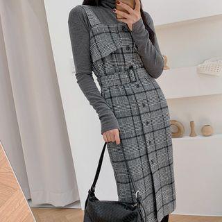 Glen-plaid Midi Overall Dress