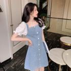 Puff-sleeve Lace-panel Denim Dress