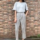 Cutout Back Plain T-shirt / High Waist Striped Pants