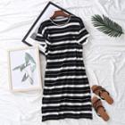 Striped Short-sleeve Knit Dress Black & White - One Size