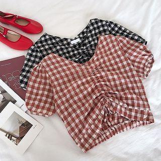 Color-block Plaid V-neck Lace-up Short-sleeve Blouse