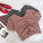 Color-block Plaid V-neck Lace-up Short-sleeve Blouse
