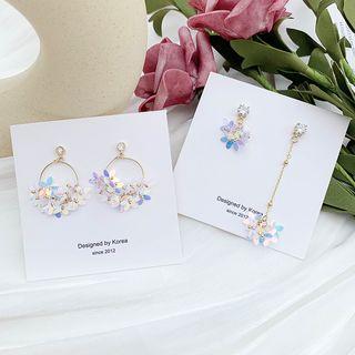 925 Sterling Silver Rhinestone Flower Hoop Earring / Non-matching Dangle Earring