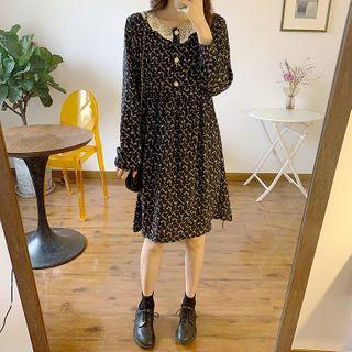 Long-sleeve Floral Print Lace Trim A-line Dress