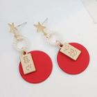 Chinese Characters Disc Dangle Earring 1 Pair - Silver Stud - Red & Gold - One Size
