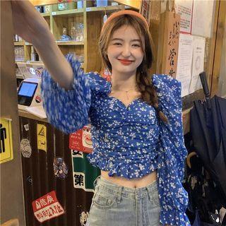 Floral Cropped Blouse Blue - One Size