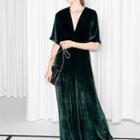 Deep Plunge Elbow-sleeve Velvet Evening Gown