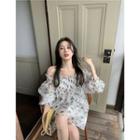 Elbow-sleeve Floral A-line Dress White - One Size