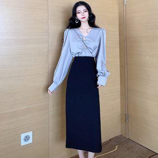 Long-sleeve Satin Blouse / Plain Midi A-line Skirt