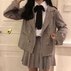 Bow Accent Long-sleeve Shirt / Plaid Blazer / Plaid Mini Pleated Skirt / Set
