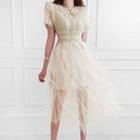 Short-sleeve Lace Ruffled Mesh Midi A-line Dress