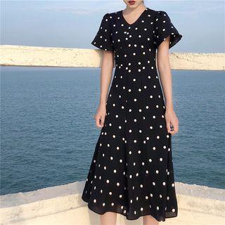 Short-sleeve Polka Dot Midi A-line Dress