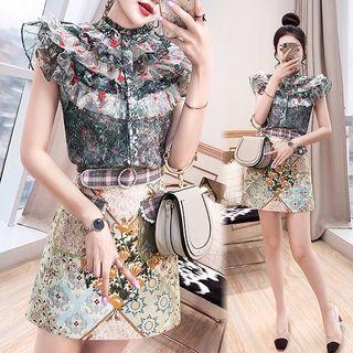 Set: Sleeveless Printed Frill Trim Blouse + Spaghetti Strap Top + Mini Skirt