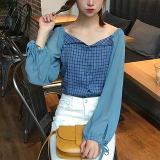 Plaid Panel Lantern-sleeve Blouse