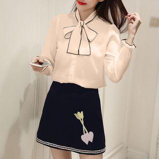 Set: Tie-neck Long-sleeve Blouse + Embroidered A-line Skirt