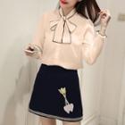 Set: Tie-neck Long-sleeve Blouse + Embroidered A-line Skirt
