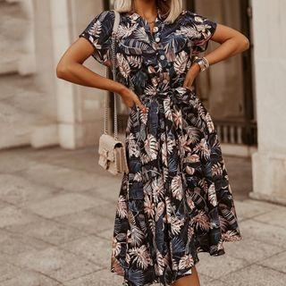 Short-sleeve Leaf Print Midi A-line Shirtdress