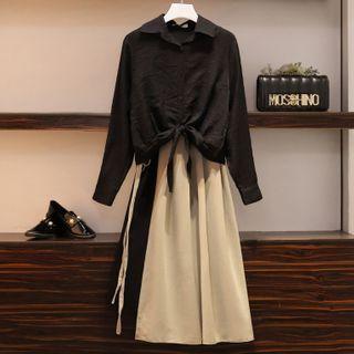 Set: Plain Shirt + Two-tone Spaghetti Strap Midi A-line Dress
