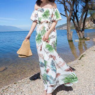 Leaf Print Off-shoulder Maxi Sundress