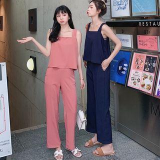 Set: Square Neck Sleeveless Top + Straight-leg Pants