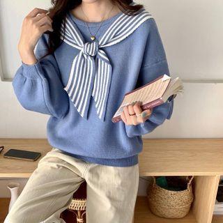 Striped Shawl Mock Two-piece Knit Top