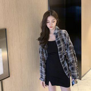 Long-sleeve Plaid Shirt / Spaghetti Strap Mini Bodycon Dress