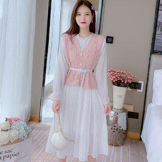 Set: Puff-sleeve Ribbed Midi A-line Dress + Cable Knit Vest