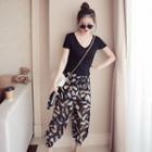 Set: Print Short-sleeve T-shirt + Floral Print Chiffon Harem Pants