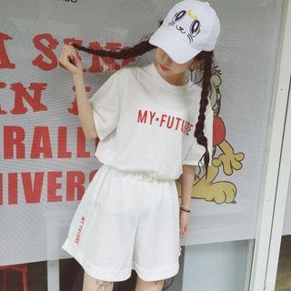 Set: Lettering Elbow-sleeve T-shirt + Wide-leg Shorts
