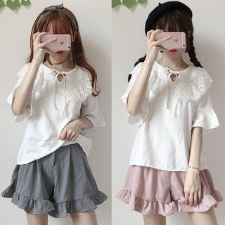 Set: Lace-up Elbow-sleeve Top + Plaid Ruffle Hem Shorts
