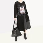 Long-sleeve Cat-print Paneled Midi Dress Black - One Size