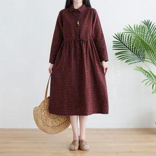 Floral Print Linen Midi A-line Shirtdress