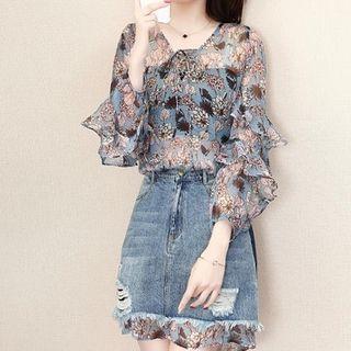 Set: Floral 3/4-sleeve Chiffon Dress + Distressed Denim Mini A-line Skirt