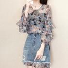 Set: Floral 3/4-sleeve Chiffon Dress + Distressed Denim Mini A-line Skirt