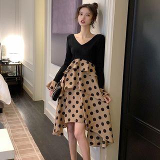 Dotted Panel A-line Midi Dress As Shown In Figure - One Size