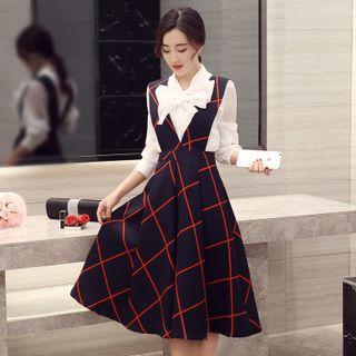 Set: Bow Long-sleeve Blouse + Check Jumper Dress