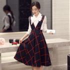 Set: Bow Long-sleeve Blouse + Check Jumper Dress