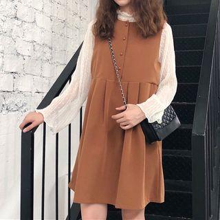 Stand Collar Long-sleeve Lace Top / Buttoned Pinafore Dress