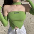 Set: Choker-neck Strapless Top + Arm Sleeves Set Of 2 - Strapless Top & Arm Sleeves - Green - One Size