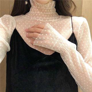 Dotted Long-sleeve Mesh Top Beige - One Size
