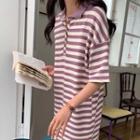 Short-sleeve Collar Striped Midi T-shirt Dress