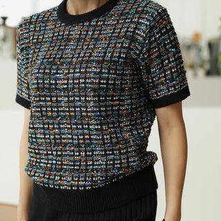 Short-sleeve Multicolor Tweed Knit Top